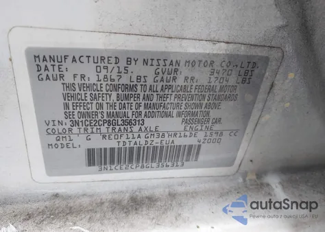 2016 Nissan Versa Note S (Sr)/S Plus/Sl/Sr/Sv z USA, uszkodzony, nr VIN 3N1CE2CP8GL356313